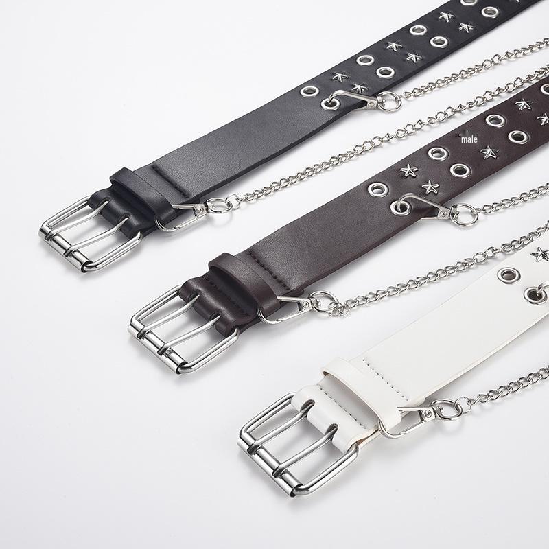 Men's Punk Leather Belt with Double Row Pin Buckle and Eyelets - Star Design