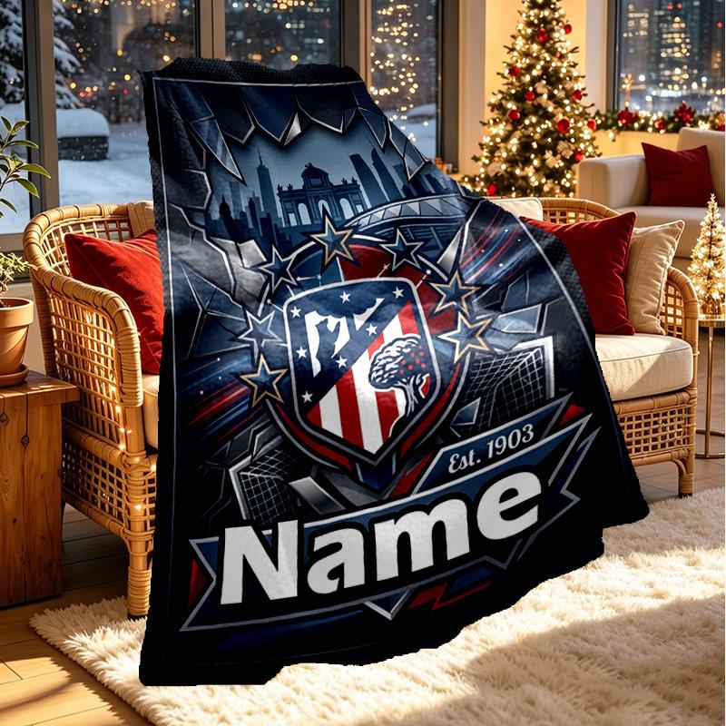 Custom Name Personalized Atletico Madrid Print Blanket, Home Decor, Bedroom, Sofa, Camping, Couch, Gifts for Birthday Christmas