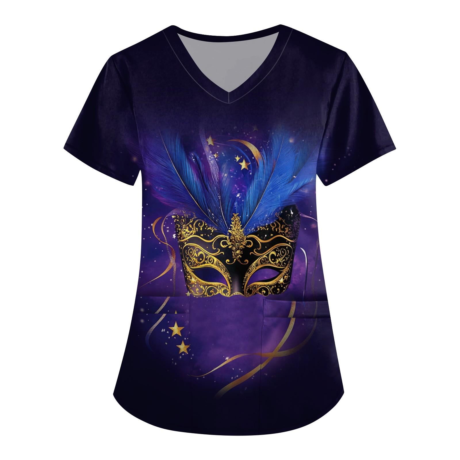 

Женская симпатичная принтованная рабочая одежда с V-образным вырезом, двухслойными карманами, базовым коротким рукавом, пуловером XXXXXL