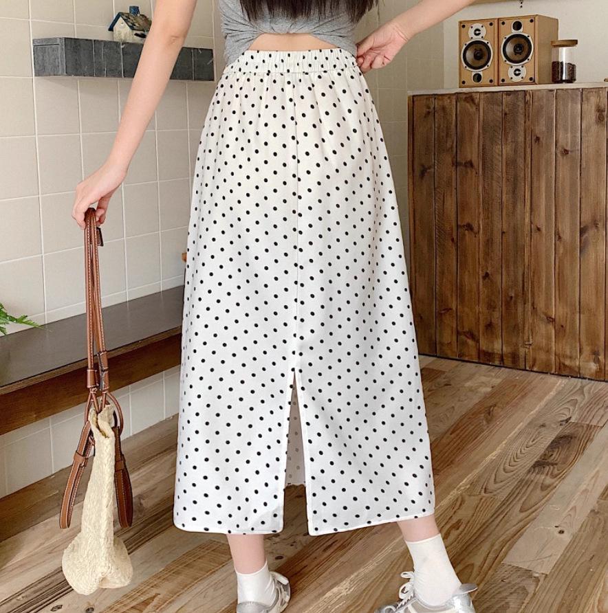 Korean Plus Size Polka Dot High Waist Slit Midi Skirt
