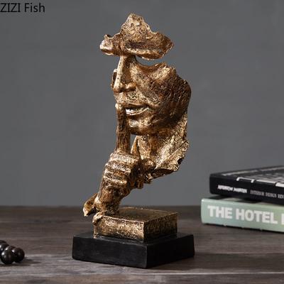 Silence Is Gold Retro Character Resins Statue Abstract Human Face Sculpture Desk Decoration Furnishings Vintage Home Decor