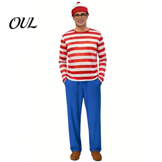 Costume Gioco di Ruolo per Bambini Adulti Halloween Camicia a Righe Rosse Bianche per Adulti Bambini, Occhiali da Secchione Outfit per Festival Cappello Incluso, Uomini Donne Bambini