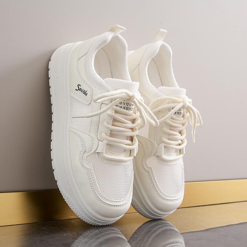 Womens Casual Sports Shoes 2026 New Spring Summer Style Thick Sole Board Shoes Breathable Artificial Flat Shoes White Sneakers