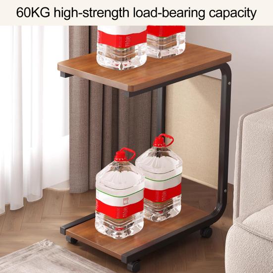 2-stöckiger C-förmiger Beistelltisch Rollender kleiner Kaffeetisch mit hölzerner Tischplatte Metallrahmen Wohnzimmer Schlafzimmer Ecke Nachttisch Schreibtisch mit Rädern