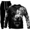 Mens Hooded Sweatshirt Set Wolf 3D Print Long Sleeve Tracksuit Streetwear Casual Fall Winter