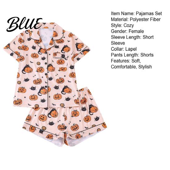 Seasonal Halloween Pajamas Pajama Sets for Women Button Down Short Sleeve 2 Fun Halloween-themed Piece Sleepwear Pumpkin Print Shirts And Shorts