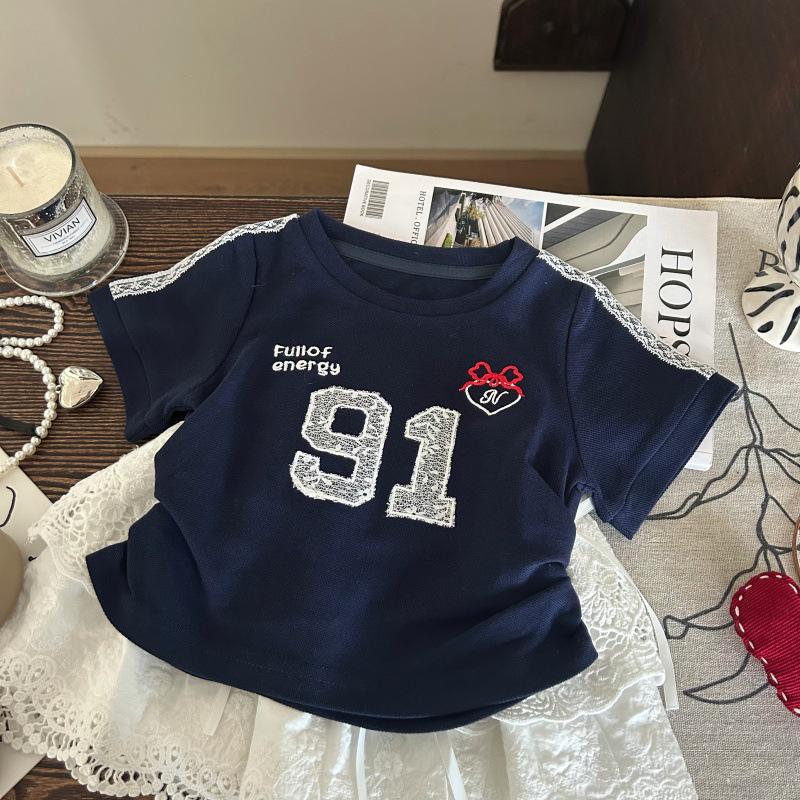 Korean Summer 2025 Girls' Letter T-Shirt & White Lace Skirt Set