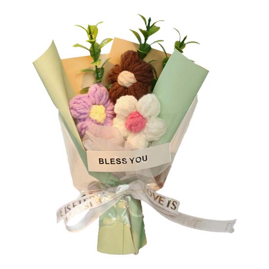 Crochet Flower Bouquet Handmade Knitted Mini Artificial Bouquet Fake Puff Flower Gift for Mother Wife On Birthday Anniversary