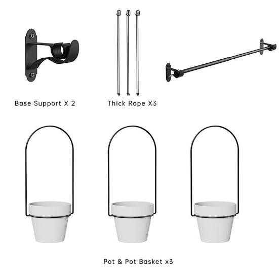 1 Set Hanging Plant Pot Wall Plant Hanger Includes Adjustable Metal Rod 3 Planters And Nylon Ropes Flower Pot Hanger