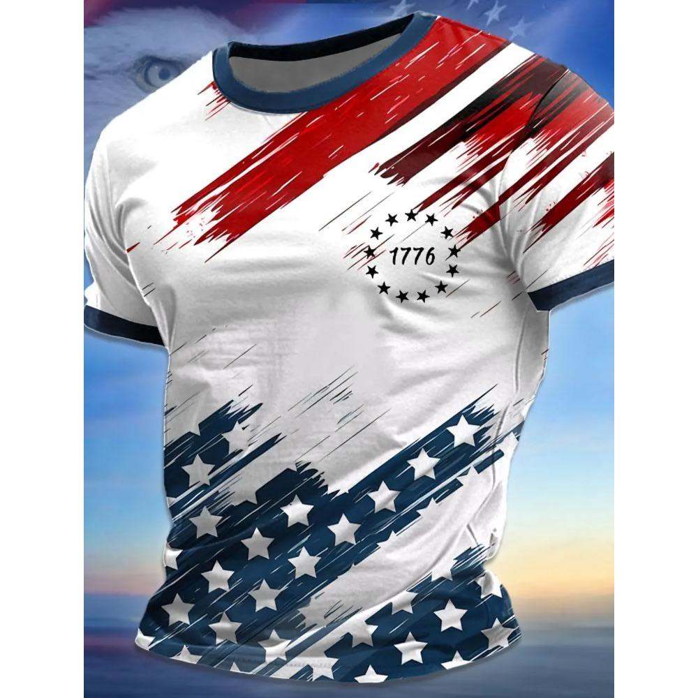 Summer Men's Short Holiday T-shirt Trendy Breathable Top Outdoor Patriotic Soft Round Neck Polyester Top