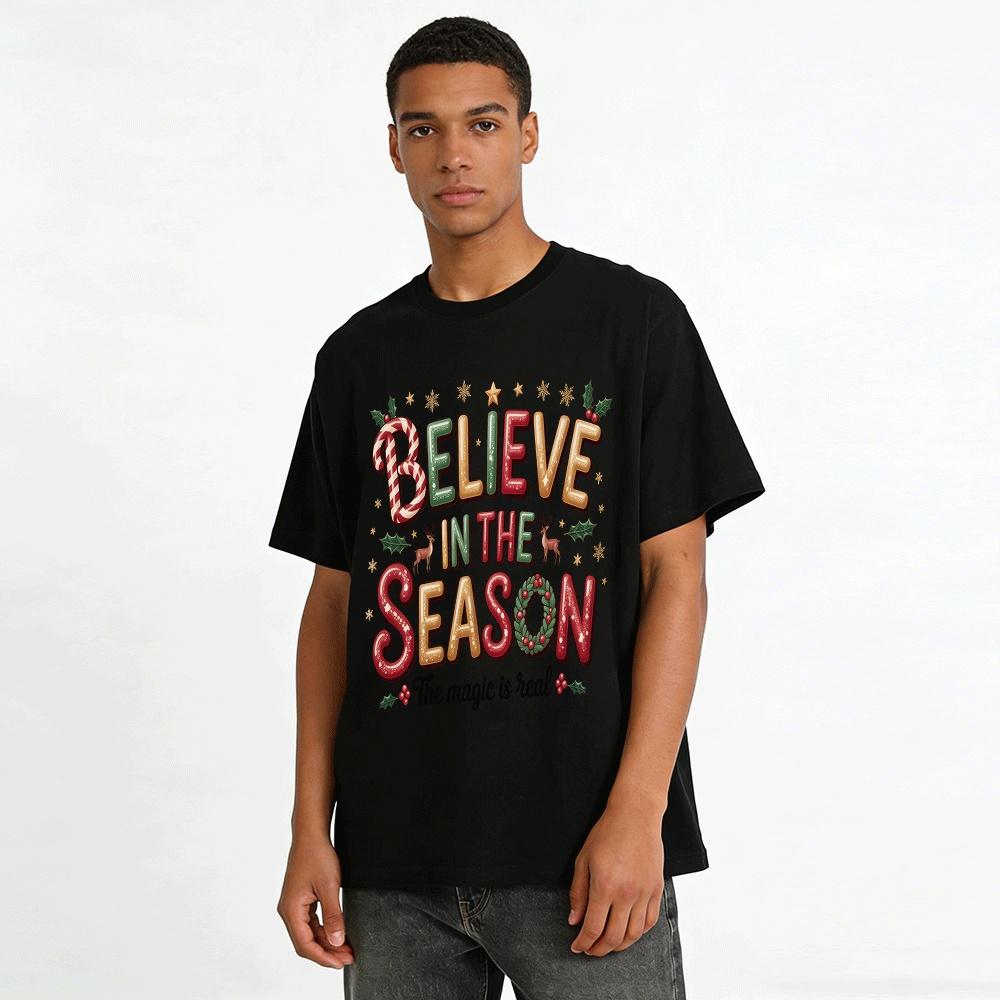 Believe In The Season Magic Print Christmas Holiday Casual Tee Pure Cotton T-shirt