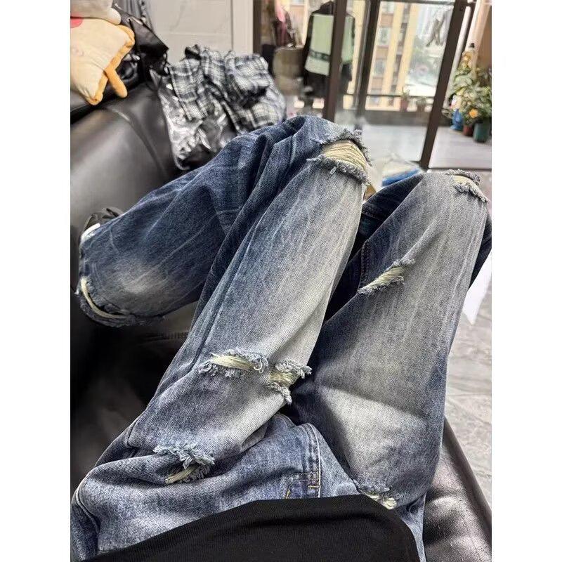 High Street Trendy Men's Ripped Denim Jeans - Spring/Autumn Versatile Fashionable Long Pants