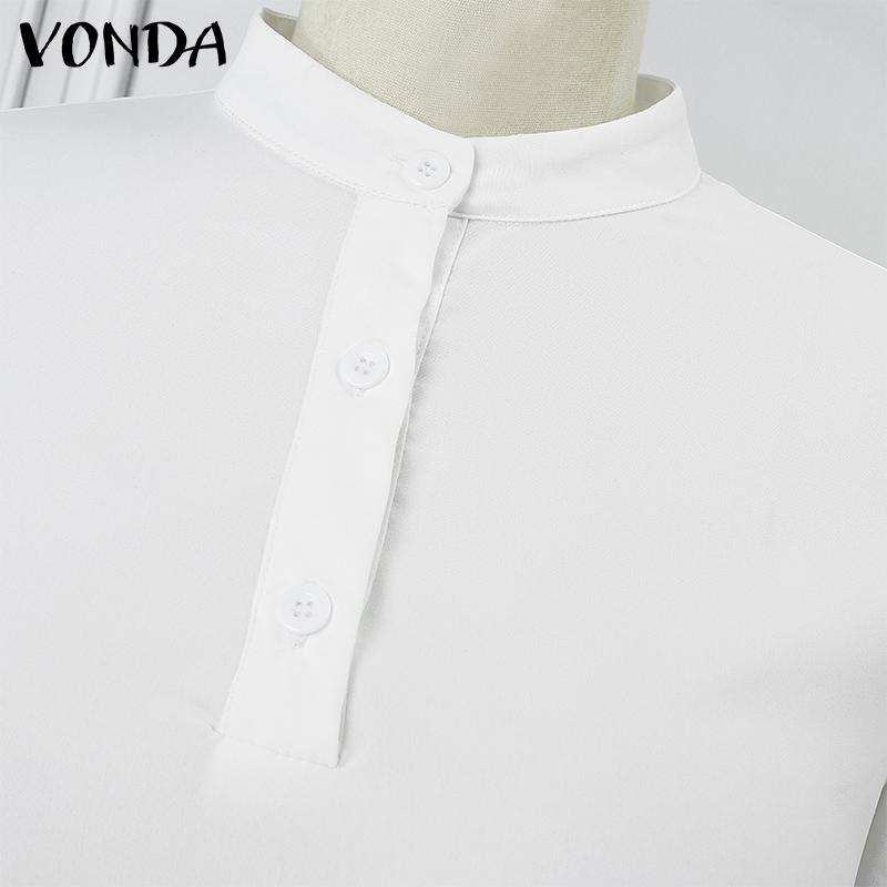 VONDA Women Plus Size Fashion Solid Color Stand Collar Pocket Long Sleeve Dresses