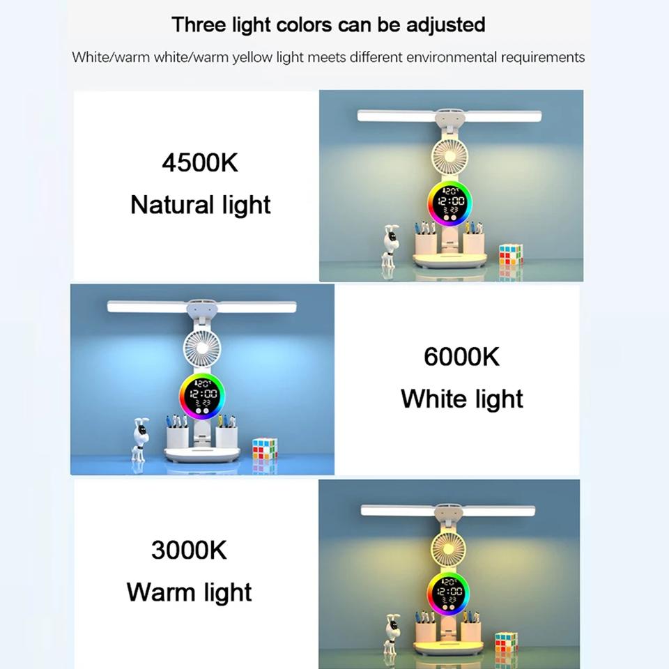 Rechargeable LED desk lamp for study desk lamp, reading lamp, LED night light with fan, LED clock display reading desk lamp