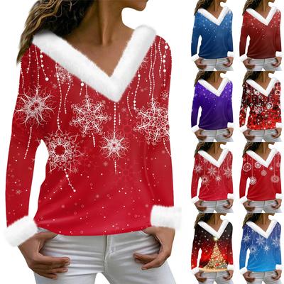 Women's Fashion Long Sleeve Christmas Printed Party Plush Neck V-Neck Top
