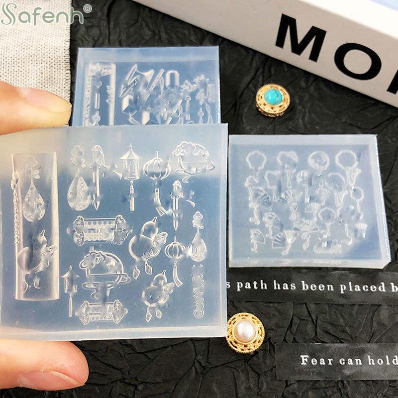 1Pcs Silicone Nail Art Mold Chinese Style Fan Pipa Lantern Gourd Pattern Relief 3D Transparent Nail Template DIY Manicure Decor