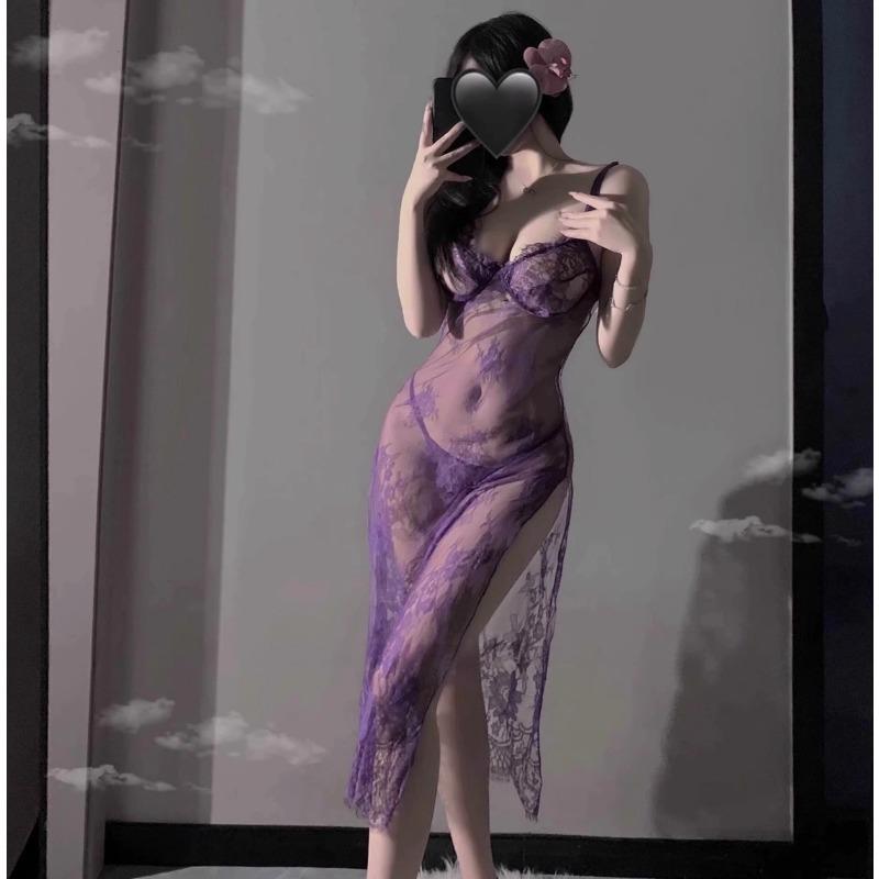 Purple Sexy Lingerie Suspender Pajamas Women's Suit Sexy Transparent Lace Uniform Temptation Split-ended Long Dress Small Chest