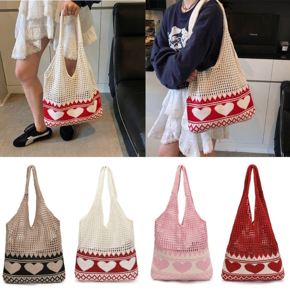 New Korean Style Shoulder Bags Knitted Material Cute Heart Pattern Beach Hangbag Large Capacity Shopping Bags Casual Outing