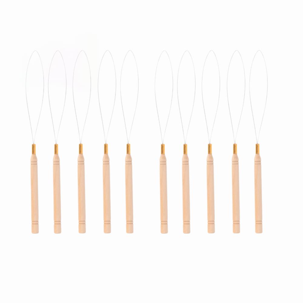 10Pcs Anti-Slip Handle Pulling Hook Tool Beech Wood Handle Micro Ring Threader  For Hair Extensions