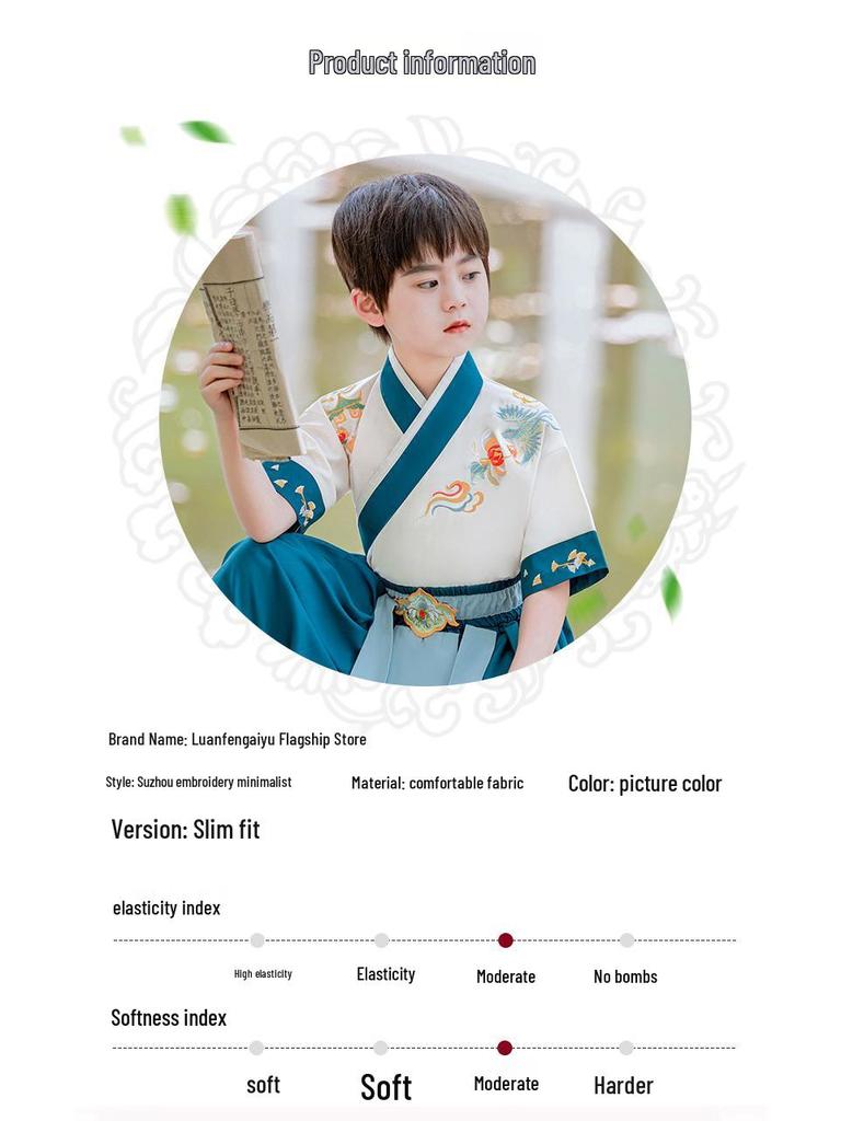 Lato 2024 Dziecięce Hanfu: Zestaw w stylu starożytnym - Garnitur Tang dla chłopców z krótkim rękawem - Strój młodego mistrza do studiów chińskich