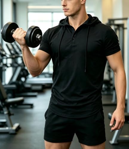 MakingDa Herren Sportliches Kapuzen-Kurzarm-Muskelpassform Fitnessstudio T-Shirt Leicht Atmungsaktiv