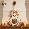 Indoor Wall Hanging Ornament Cute Bow Ghost Sign, Rustic Retro Floral Door Sign with Pumpkin Pastoral Autumn Hanger Basket, Vintage Halloween