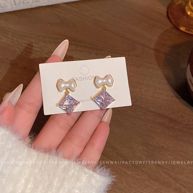 Korean Sweet Bow Earrings Women's Small Sugar Cube Zircon Pendant Earrings Ear Jewelry