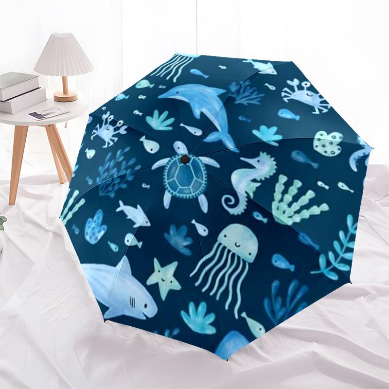 1pc Ocean Life Circular Illustration Umbrella with Plastic Handle,Compact & Stylish,Cartoon Pattern,Outdoor UmbrellaPT333