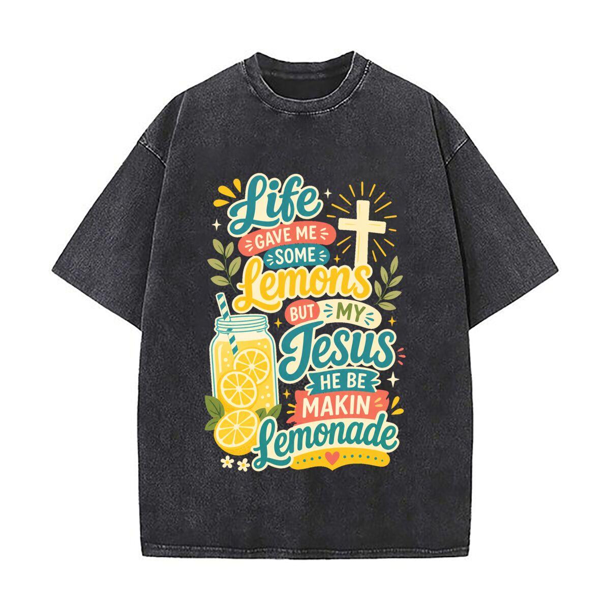 Jesus Turns Trials Into Sweet Lemona Retro Washed Distressed T Shirt Men Summer Casual Short Sleeve S