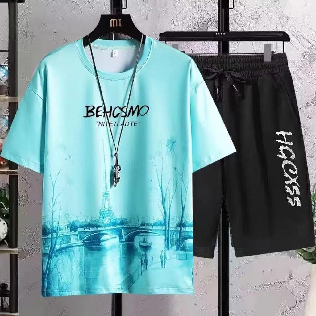 Korean Style Men's Summer Sportswear Set: Short Sleeve T-shirt & Basketball Jersey Casual Shorts - Trendy Fashion Brand
