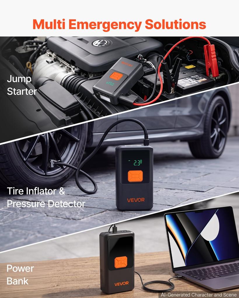 Jump Starter with Air Compressor 4000A Peak Car Battery Jump Box, Portable for 9.0L Gas / 8.0L Diesel, 150 PSI Auto-Shutoff Tire Inflator, Power Bank,