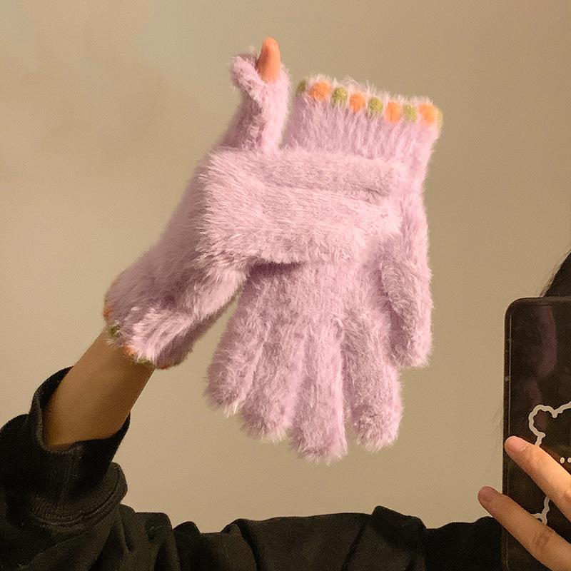Cute Jelly Bean Fingerless Touch Screen Plush Five Finger Gloves for Women To Keep Warm in Winter and Velvet Thickened for Cycling Students