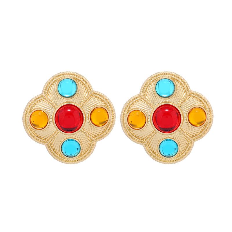 925 Silver Needle Baroque Color Treasure Earrings Medium Earrings Women's Personality Trendy Temperament Retro Court Earrings