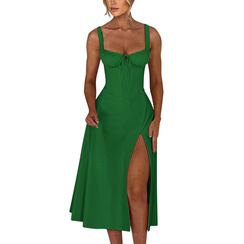 Women's Color Tied Slim Fit Slit Strap Dress