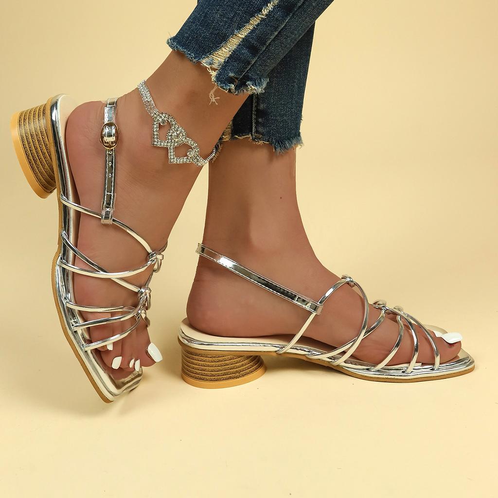 Fashion Sexy Cross Thin Strap Roman Style Thick Heel Sandals for Women 2025 Summer Advanced Solid Color Square Toe Open Toe Sandals