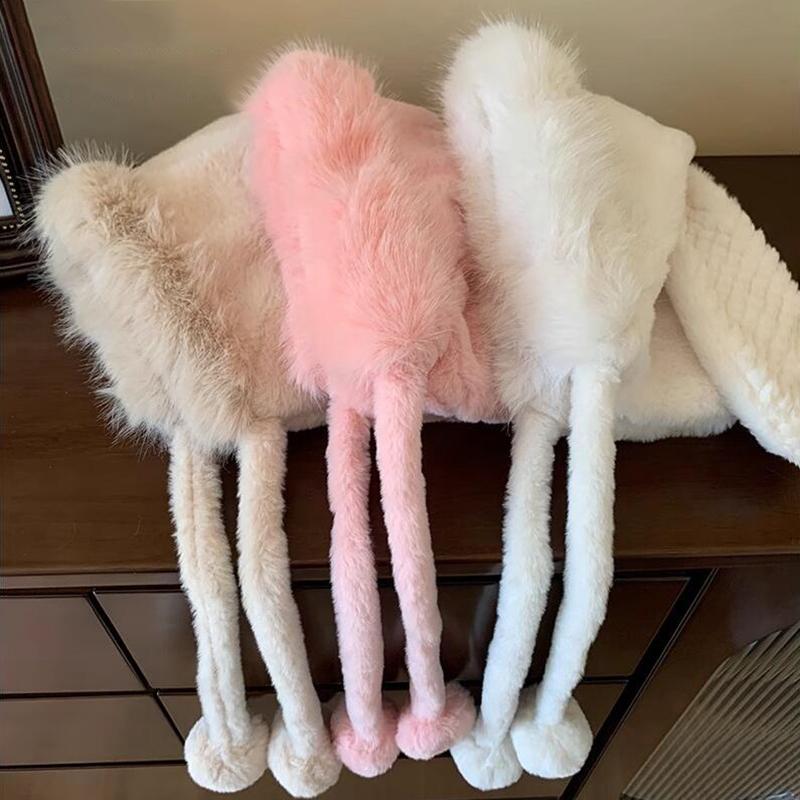 Cute Rabbit Ear Plush Warm Hat for Women Soft Faux Fur Ear Protection Beanies Cap Korean Girl Solid Color Windproof Snow Caps