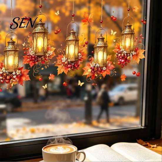 Seasonal Window Art Autumn Maple Leaf And Lantern Static Sticker, Double Sided PVC Waterproof Stickers Decals, Removable Electrostatic Glass