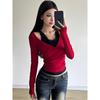 2025 Spring Autumn Vintage Short Top Sexy Color Block Fake Two-piece Long Sleeve T-shirt for Women Casual Slim Lace Splicing Red Crop Tops Female