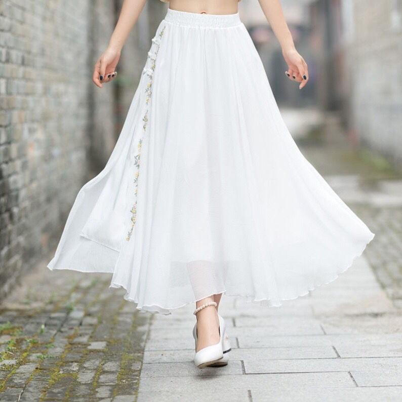 2024 Summer Women's Fairy Hanfu Dress with Embroidery and Frog Buttons - Retro Chiffon Midi Skirt.