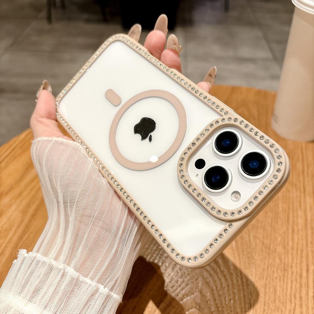 Applicable To IPhone15 Transparent Groove Anti-fall Mobile Phone Case Apple 16 ProMax Candy Rhinestone Magnetic Protective Case