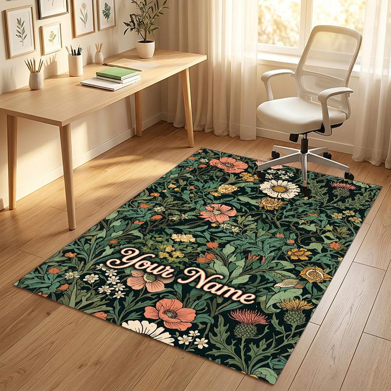 Floral Theme Soft Crystal Velvet Rug Custom Name & Text Print Non Slip Floor Rug for Bedroom Living Room