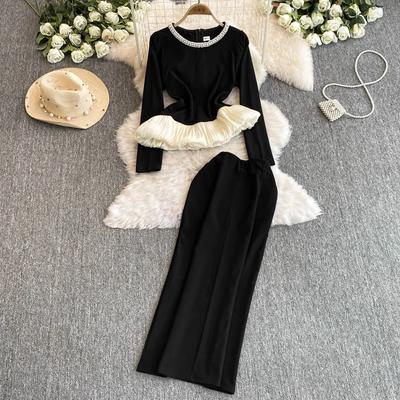 Chic Women Two-Piece Sets Vintage O-neck Embroidered Bead Spliced Tops High Waist Split Skirt High Street Autumn Winter Clothing
