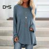 Women Tops Round Neck Long Sleeve Loose Fit Solid Color Tunic Top Casual Shirt with Hip Coverage Length