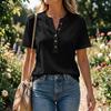 Women’s Cotton Linen Henley Neck Short Sleeve Shirt with Button Placket Solid Pattern Relaxed Fit Casual Blouse Top