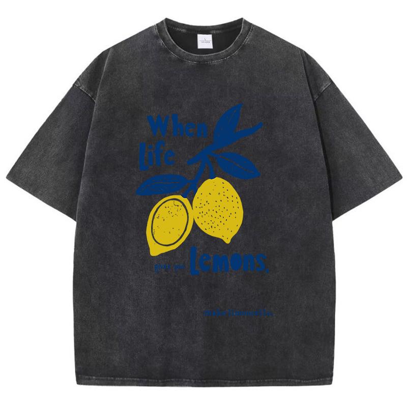 When Life Gives You Lemons Prints Washed T Shirts Women Cotton TShirt Distressed ONeck Comfortable Tops Summer Woman Clothes