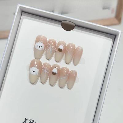 Nude Color Fantasy Cream Puppy Wearing Nail Handmade Cute Style Hand-painted Manicure French Gradient Fake Nail Patch