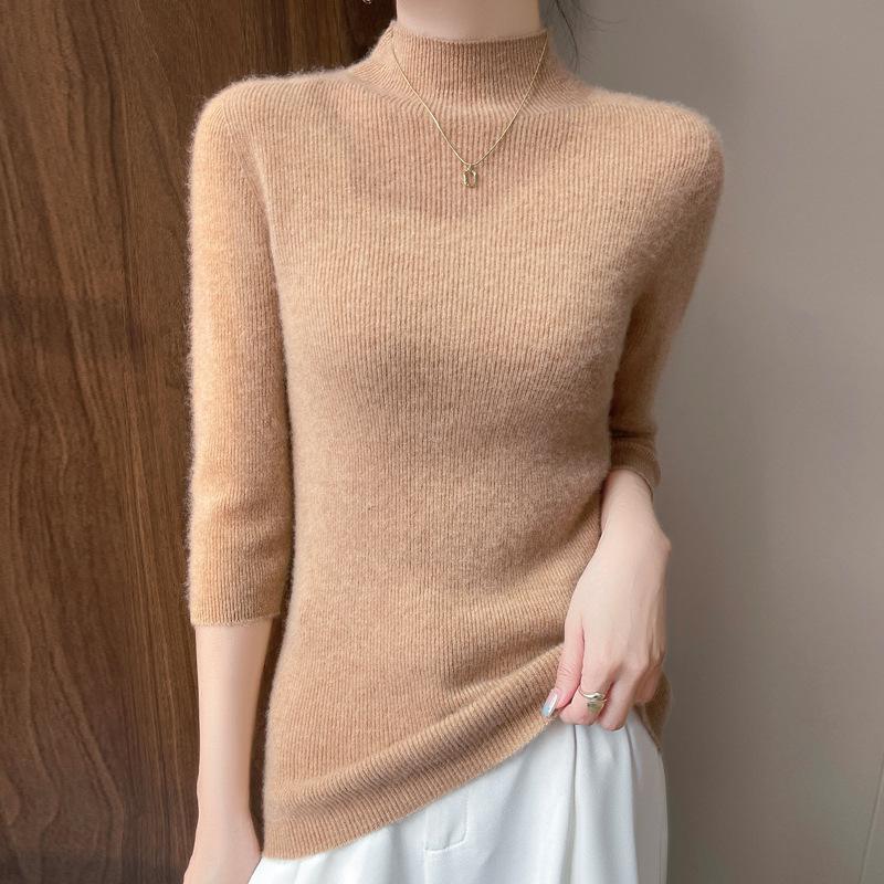 New Spring and Summer Half-high Neck Short-sleeved Sweater for Women's Fashionable Base Shirt with A 7-quarter Sleeve Sweater Slim-fit Body