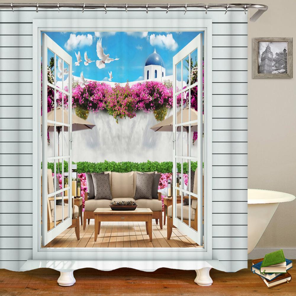 3D Window Opening Scenery Natural Landscape Printed Shower Curtain Washable Bath Curtain Bathroom Decoration With Hook Curtain