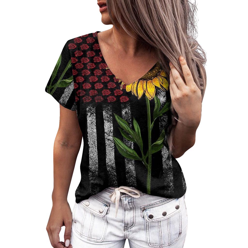 Summer Women Floral Print V Neck Short Sleeve Loose 3D T Shirt