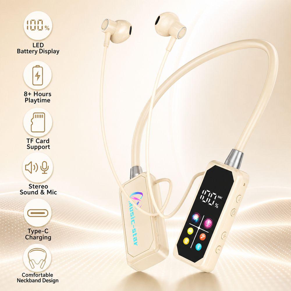 LED Digital Display Wireless Earbuds Neckband Long Standby Bluetooth Headphones  Mobile Gaming